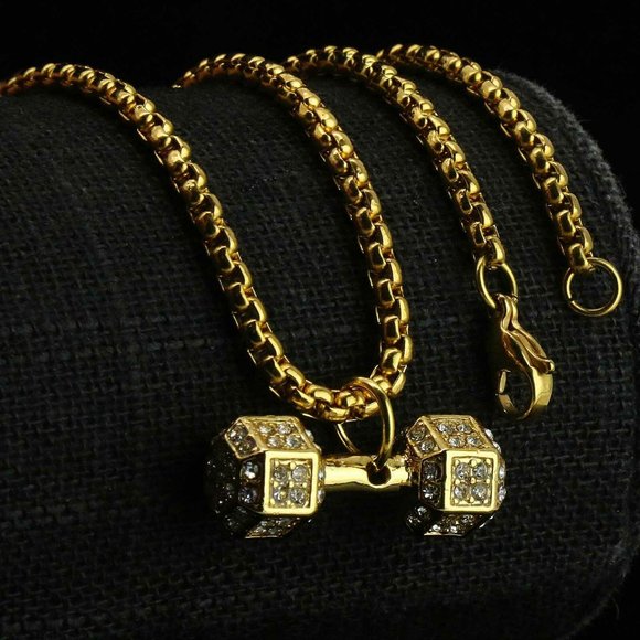 14k Gold Dumbbell 24" Box Link Chain + Pendant - Picture 1 of 7